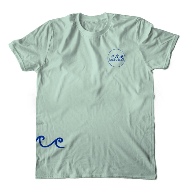 The Salty Bum Wanderer Tee short sleeve tee features the Salty Bum Logo on the front, the Salty Wagon design on the back, and our three signature waves on the bottom right side. This tee is made of 100% cotton to provide an extreme softness and a custom fit.