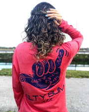 The Salty Bum Ladies Shaka Tee is a long sleeve t-shirt that features the Salty Bum Logo on the front, a wavy shaka design on the back, and our three signature waves on the bottom right side. This tee is made of 100% cotton to provide an extreme softness and a custom fit.