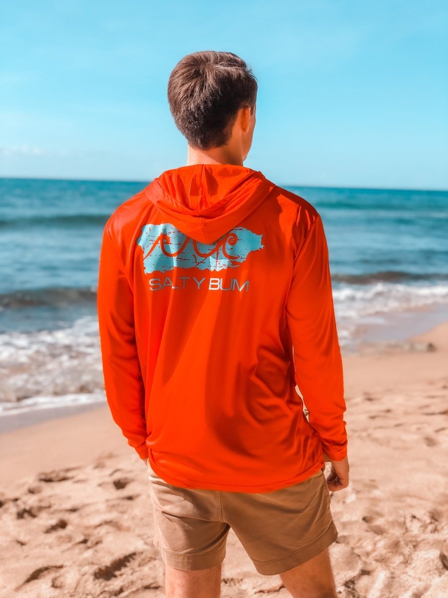 Hooded Performance Fishing Tee Puerto Rico Edition Small Red/Tahiti Blue Ink - Salty Bum
