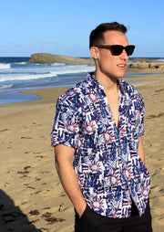 The Salty Bum Life's a Palm is a full button-up shirt that is made from ultra soft, 100% Stretch Cotton. Stretchy Slim Fit. Wash Instructions // Delicate wash, cold cycle, and hang dry. Do not tumble dry.