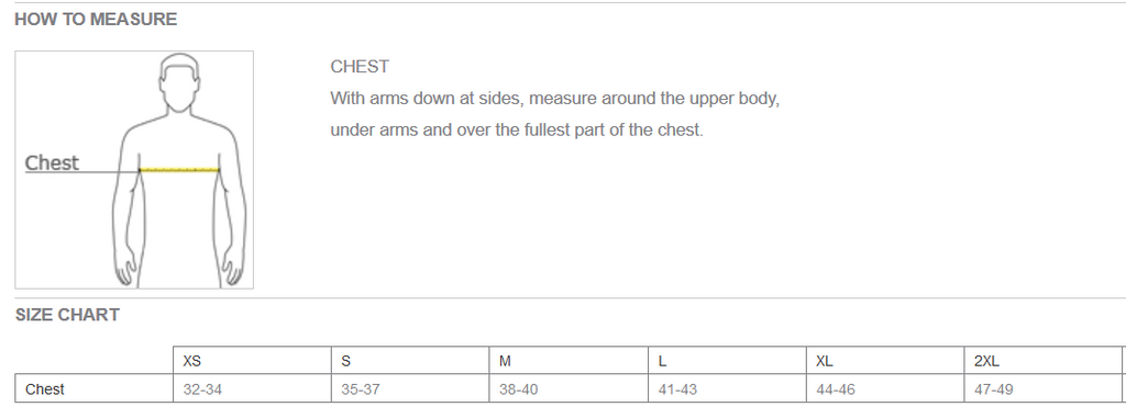 Salty Bum UV Performance Unisez Tee Size Chart