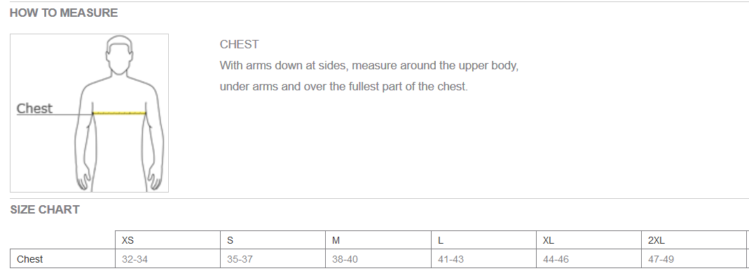 Salty Bum UV Performance Unisez Tee Size Chart