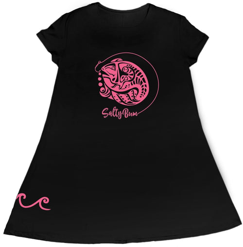 Ladies UV Performance Black Short Sleeve Dress - Tribal Fish XS - Salty Bum